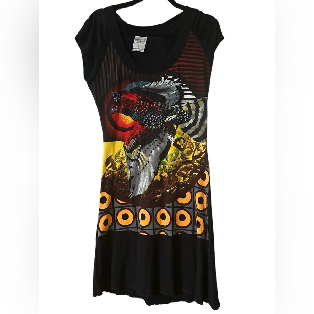 Animated Closet NYC Size Large Black Graphic T Shirt Dress, Pheasant